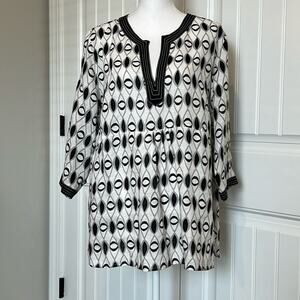 Lily Stanhope Woman Linen Tunic Plus Size 1X  Geometric Black Cream Classy Top‎